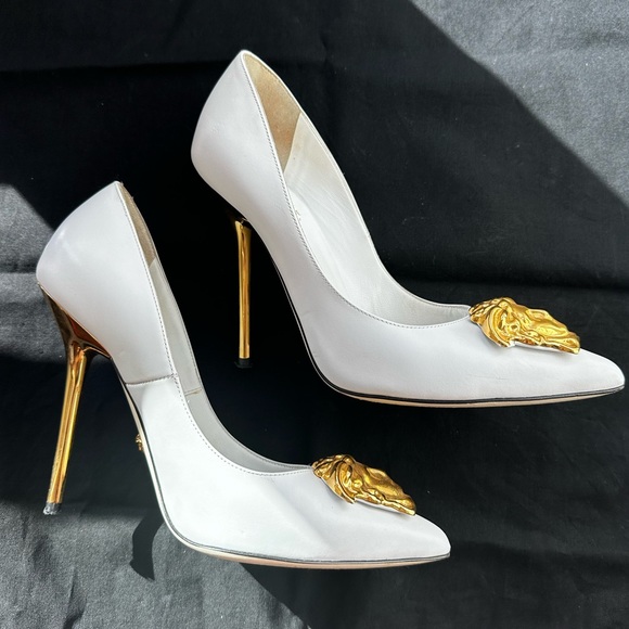 Versace White & Gold Pointed Toe Heels Medusa Head - Picture 9 of 10